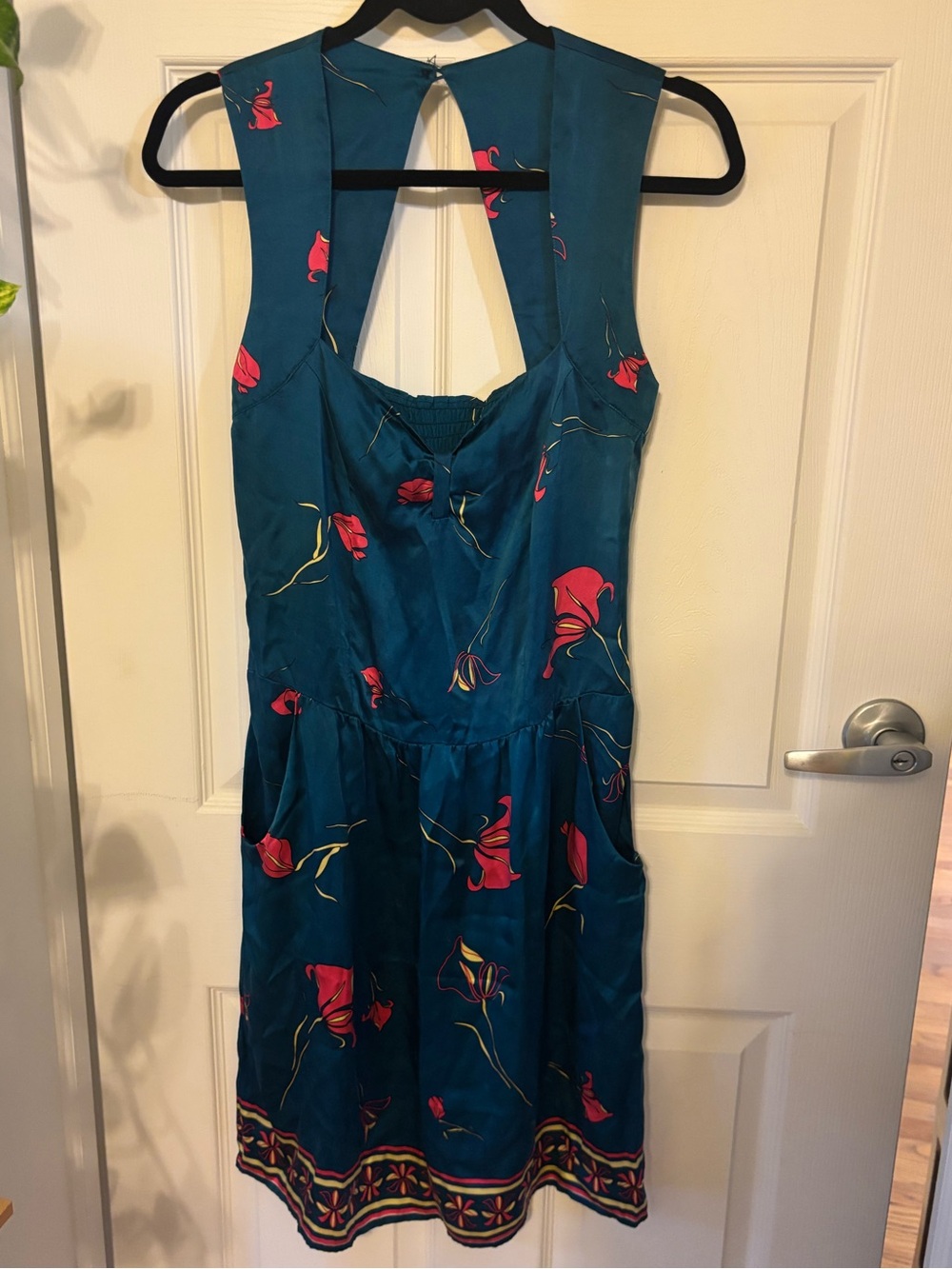 100% Silk Teal Floral Sleeveless Dress with Pink Bloom Accents
